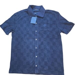 NWT Navy Terry Cloth heavy Button Down Embroidered Pocket Polo Size Large